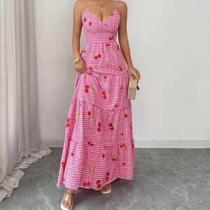 Pink Boho Casual Cute Cinched Waist Flared Women's Camisole Dress
